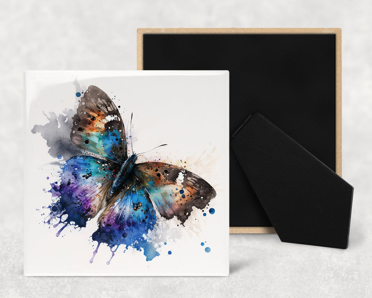Splatter Butterfly Art Decorative Ceramic Tile Set with Optional Easel Back - Available in 4 sizes - Set of 4