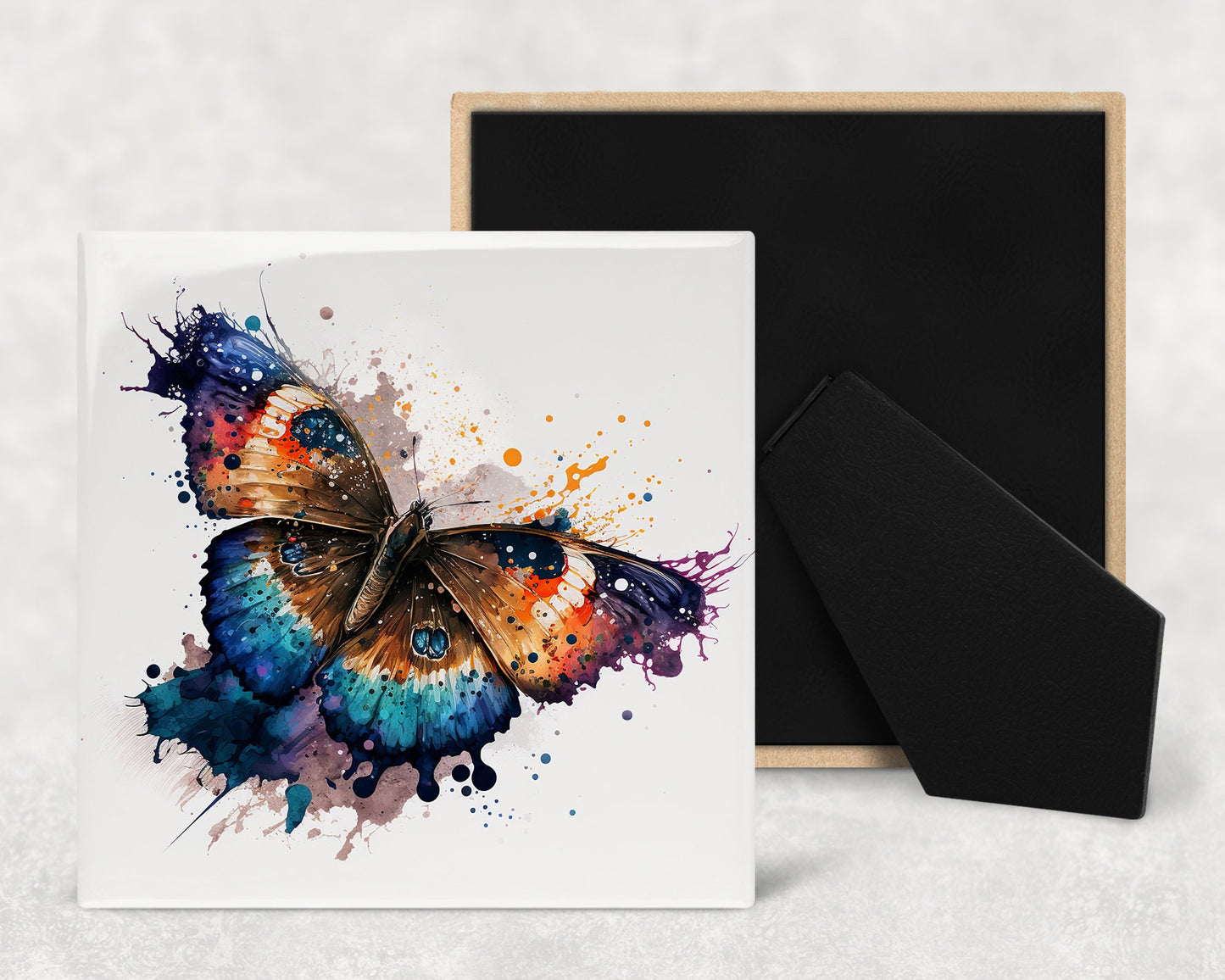 Splatter Butterfly Art Decorative Ceramic Tile Set with Optional Easel Back - Available in 4 sizes - Set of 4