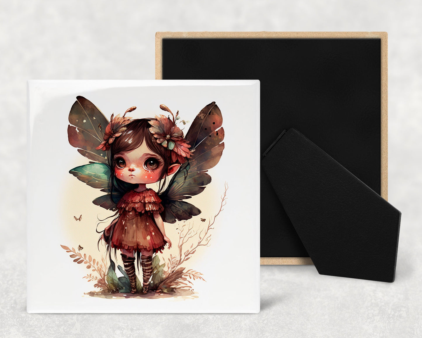 Cute Fae Art Decorative Ceramic Tile Set with Optional Easel Back - Available in 4 sizes - Set of 4