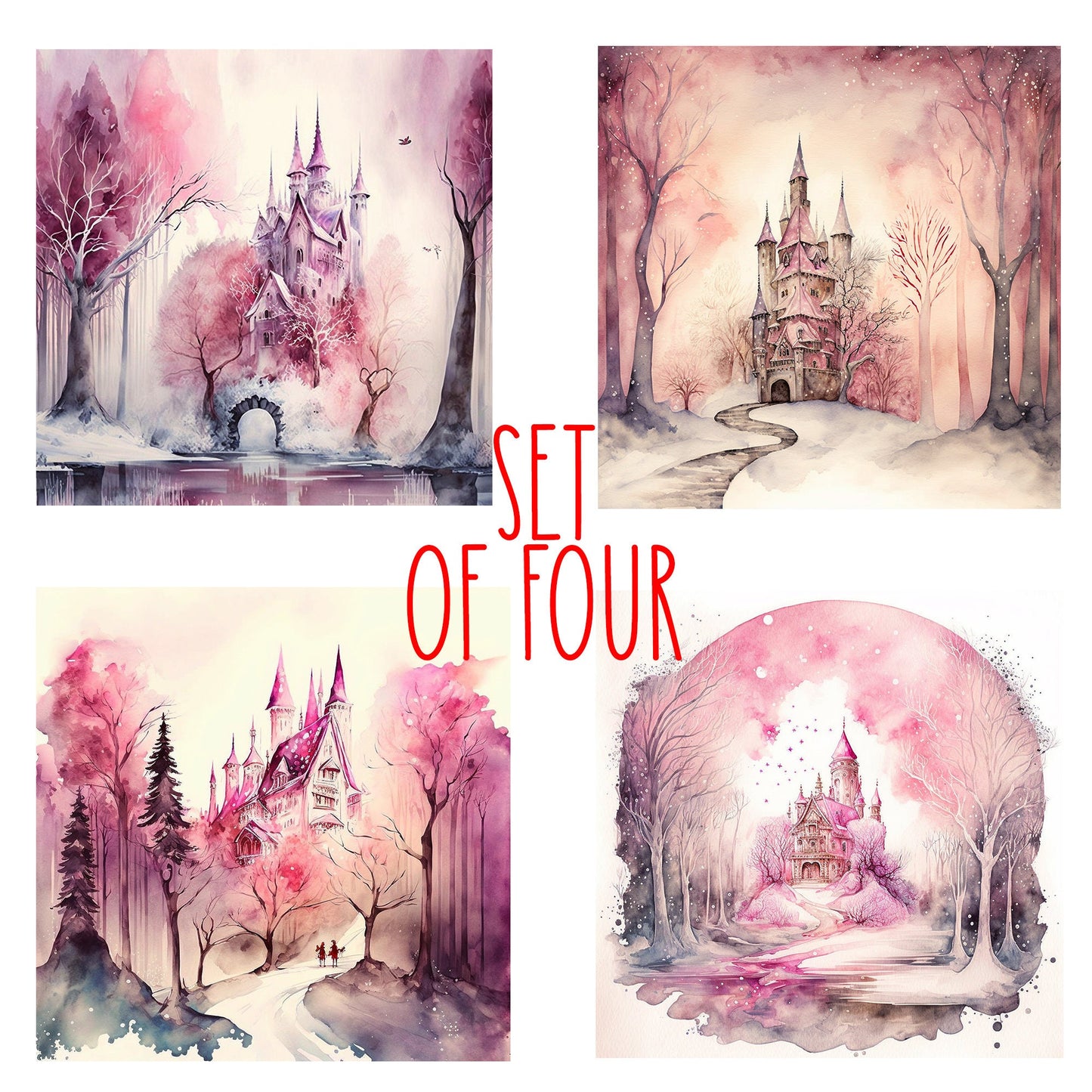 Fairy Tale Castle Art Decorative Ceramic Tile Set with Optional Easel Back - Available in 4 sizes - Set of 4