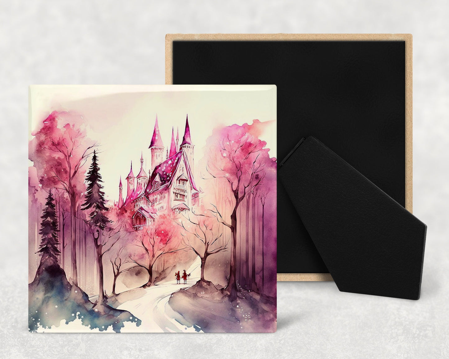 Fairy Tale Castle Art Decorative Ceramic Tile Set with Optional Easel Back - Available in 4 sizes - Set of 4