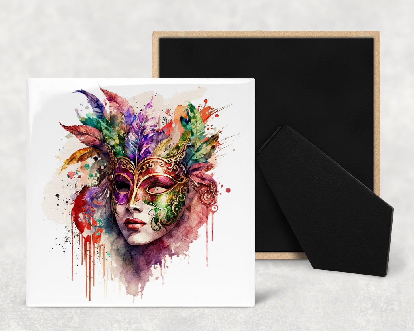 Mardi Gras Faces Art Decorative Ceramic Tile Set with Optional Easel Back - Available in 4 sizes - Set of 4
