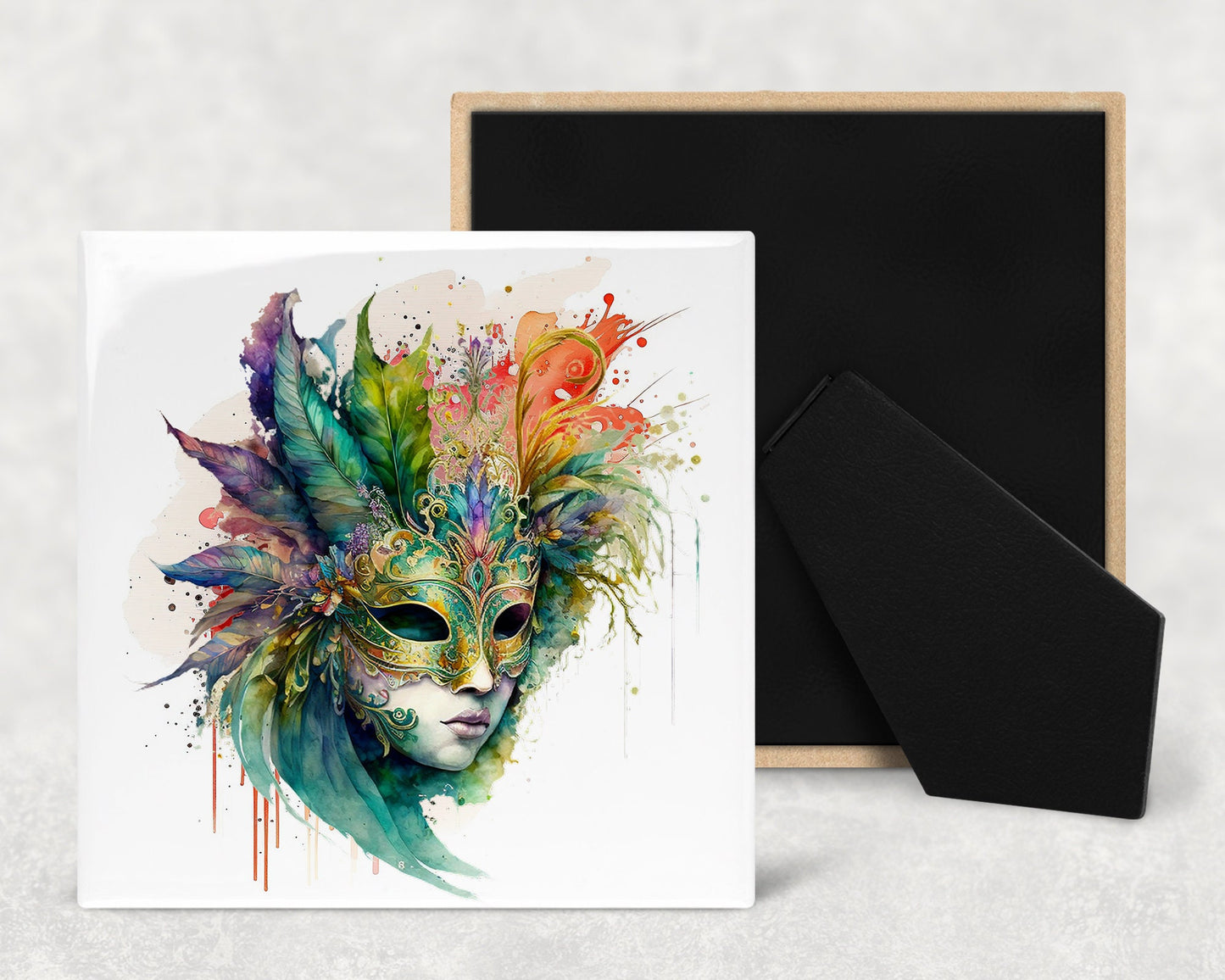 Mardi Gras Faces Art Decorative Ceramic Tile Set with Optional Easel Back - Available in 4 sizes - Set of 4