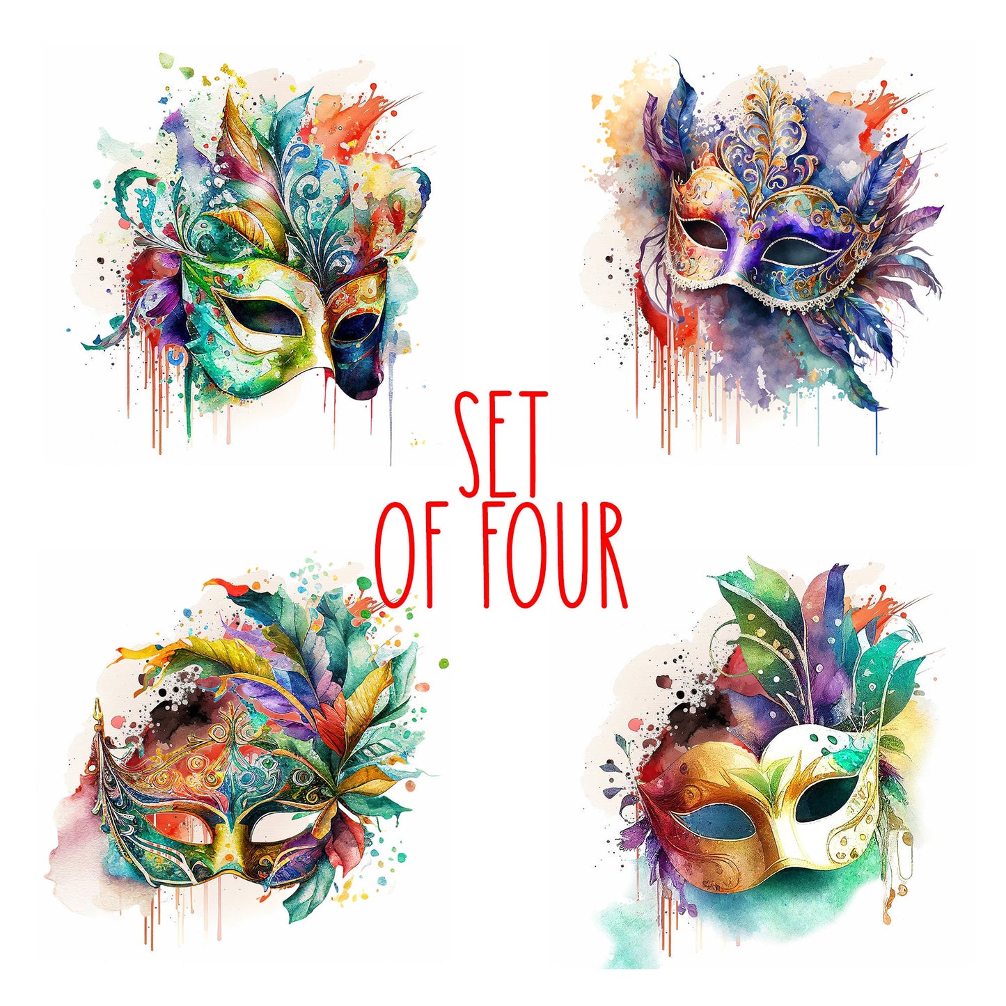Mardi Gras Mask Art Decorative Ceramic Tile Set with Optional Easel Back - Available in 4 sizes - Set of 4