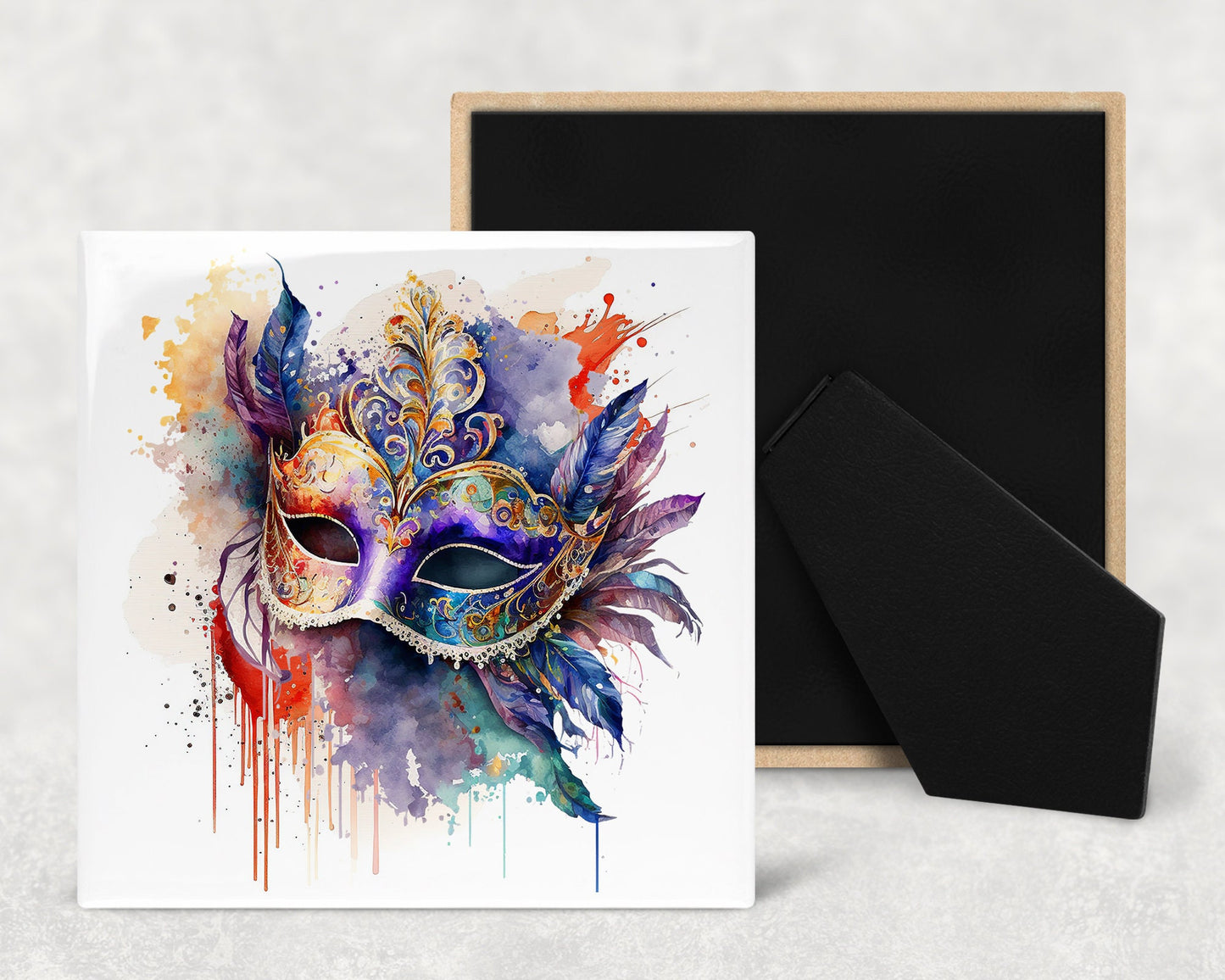 Mardi Gras Mask Art Decorative Ceramic Tile Set with Optional Easel Back - Available in 4 sizes - Set of 4