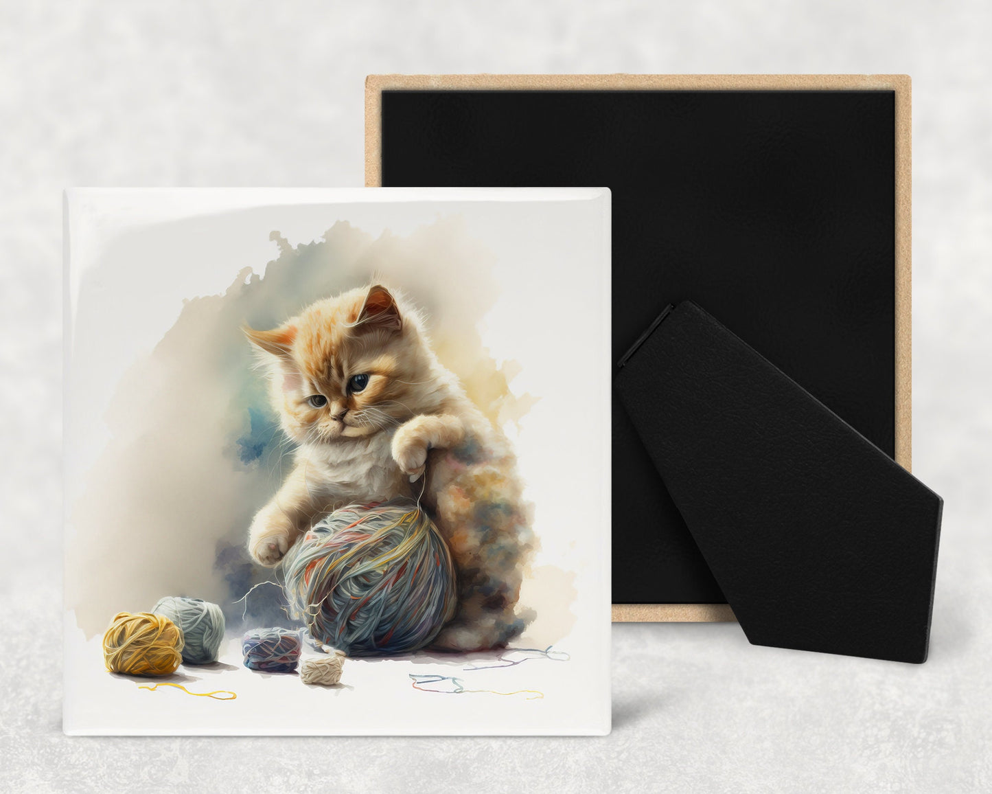 Cute Kitten with String Art Decorative Ceramic Tile Set with Optional Easel Back - Available in 4 sizes - Set of 4