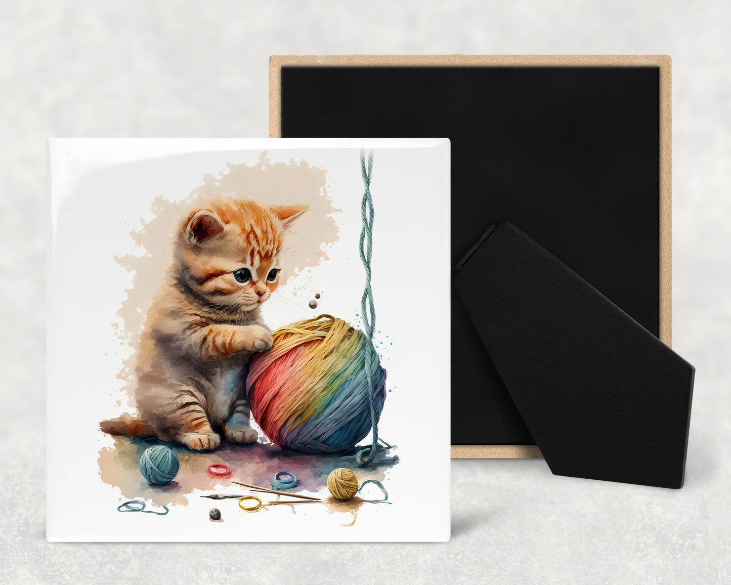 Cute Kitten with String Art Decorative Ceramic Tile Set with Optional Easel Back - Available in 4 sizes - Set of 4