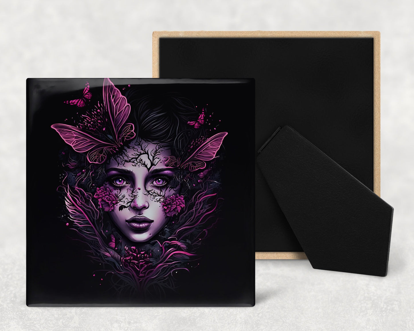 Gothic Fae Art Decorative Ceramic Tile Set with Optional Easel Back - Available in 4 sizes - Set of 4