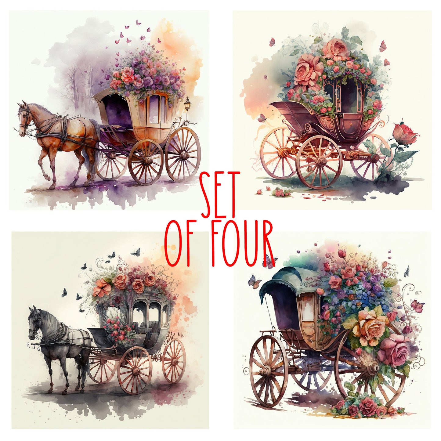 Floral Carriage Art Decorative Ceramic Tile Set with Optional Easel Back - Available in 4 sizes - Set of 4