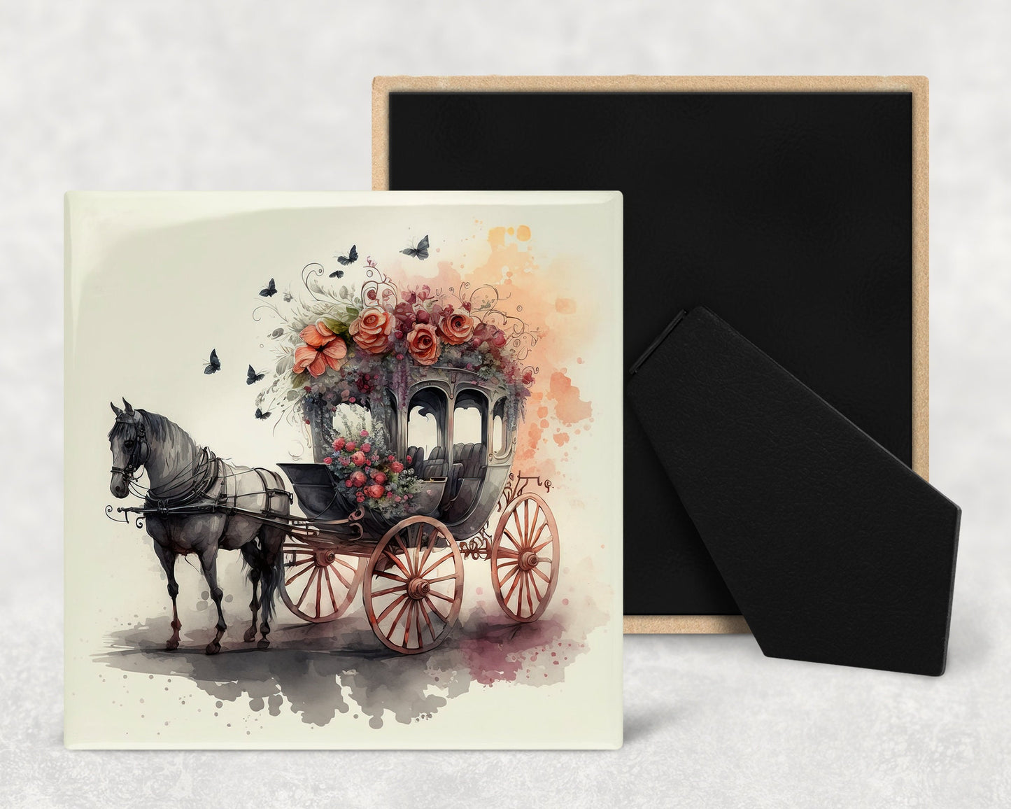 Floral Carriage Art Decorative Ceramic Tile Set with Optional Easel Back - Available in 4 sizes - Set of 4