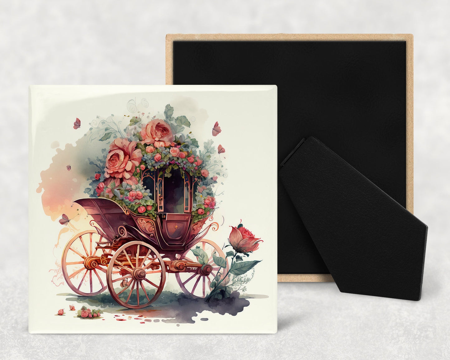Floral Carriage Art Decorative Ceramic Tile Set with Optional Easel Back - Available in 4 sizes - Set of 4