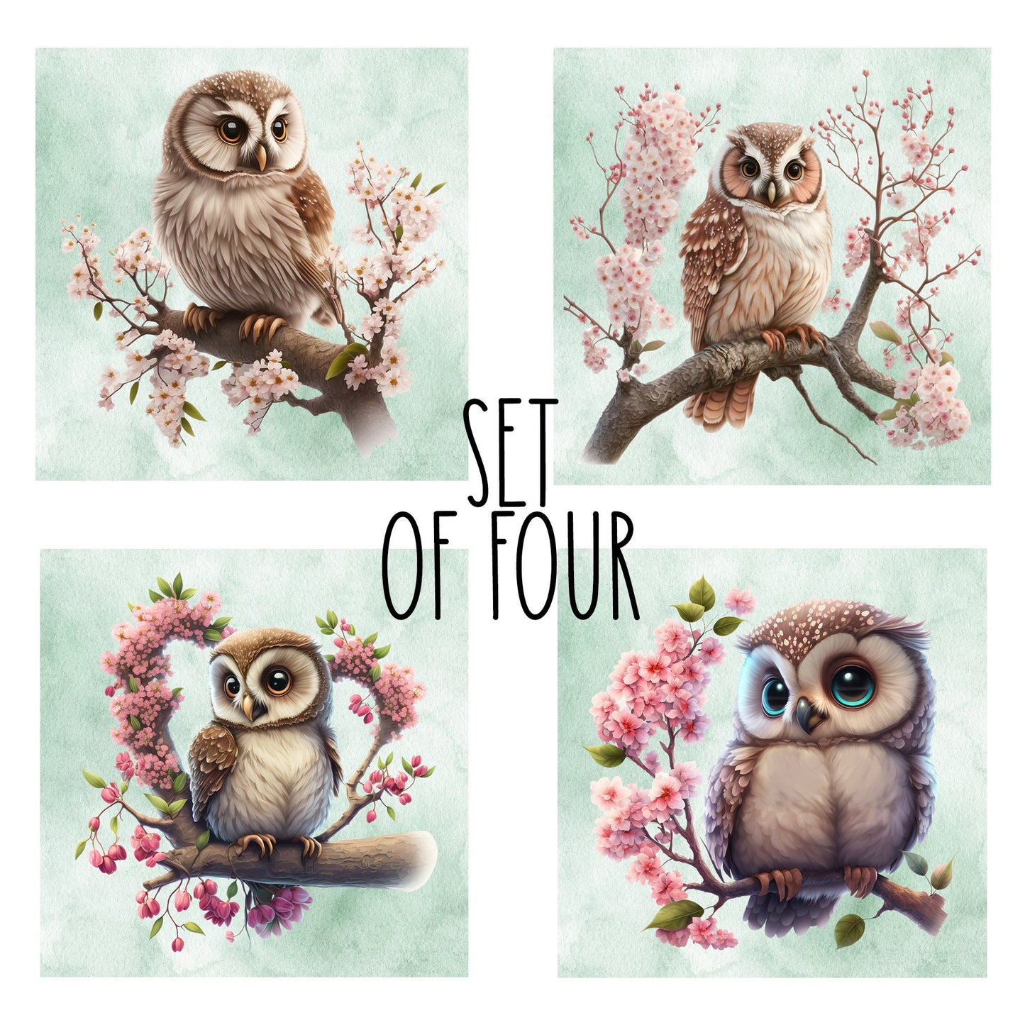 Cute Owl on Cherry Blossoms Decorative Ceramic Tile Set with Optional Easel Back - Available in 4 sizes - Set of 4