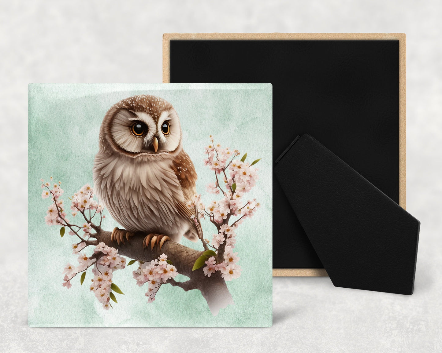 Cute Owl on Cherry Blossoms Decorative Ceramic Tile Set with Optional Easel Back - Available in 4 sizes - Set of 4