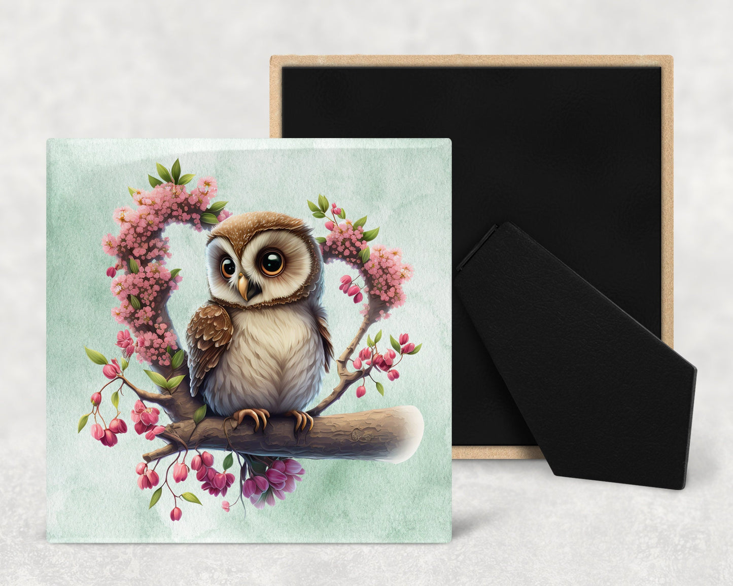 Cute Owl on Cherry Blossoms Decorative Ceramic Tile Set with Optional Easel Back - Available in 4 sizes - Set of 4