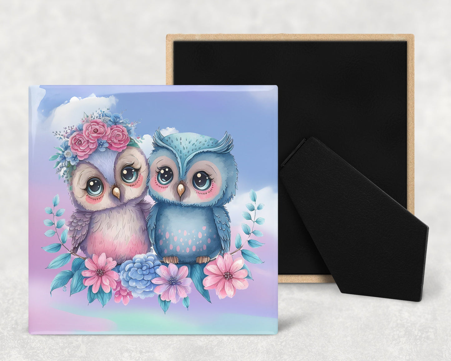 Cute Cartoon Owls In Love Decorative Ceramic Tile Set with Optional Easel Back - Available in 4 sizes - Set of 4