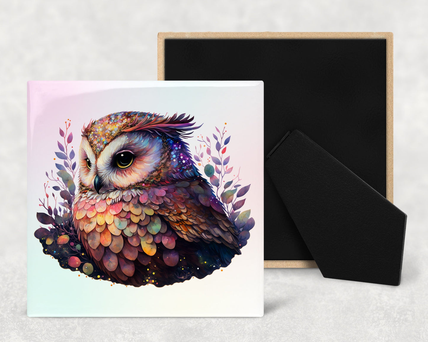 Cute Shiny Owl Decorative Ceramic Tile Set with Optional Easel Back - Available in 4 sizes - Set of 4