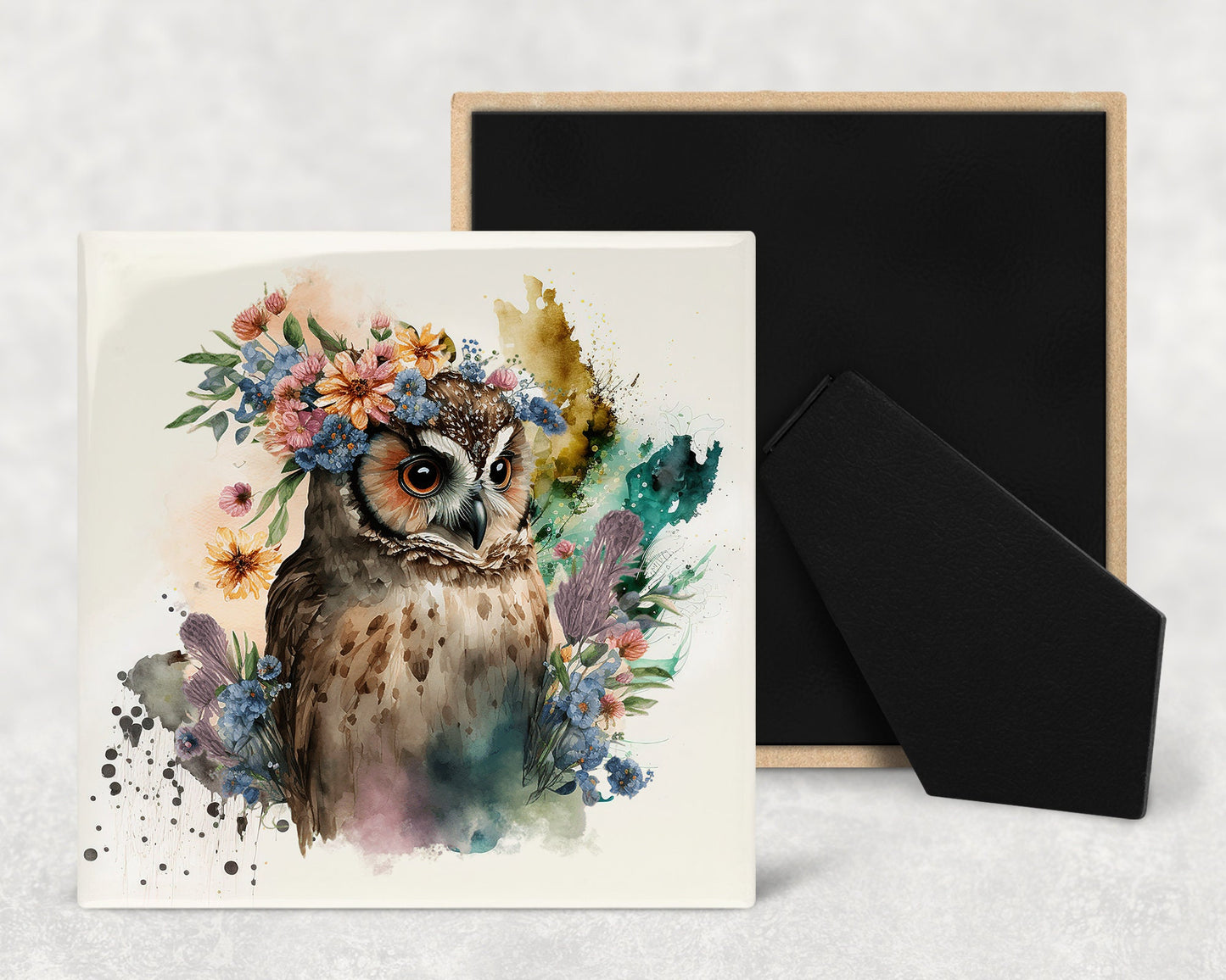 Floral Owls Decorative Ceramic Tile Set with Optional Easel Back - Available in 4 sizes - Set of 4