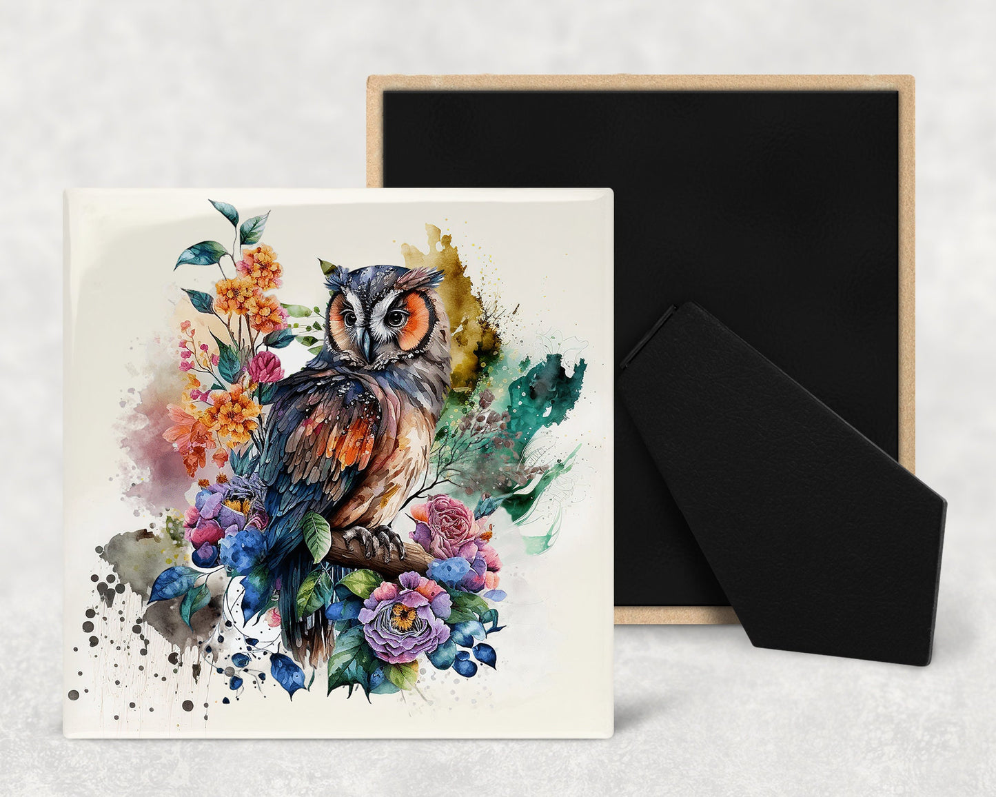Floral Owls Decorative Ceramic Tile Set with Optional Easel Back - Available in 4 sizes - Set of 4