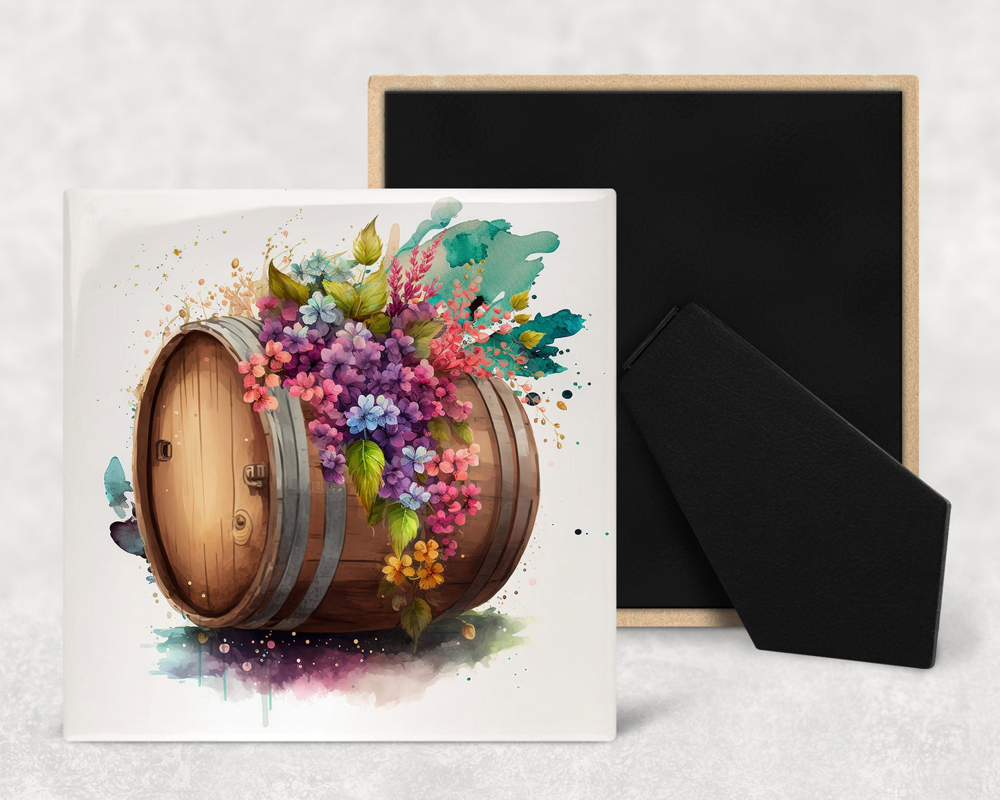 Floral Barrels Art Decorative Ceramic Tile Set with Optional Easel Back - Available in 4 sizes - Set of 4