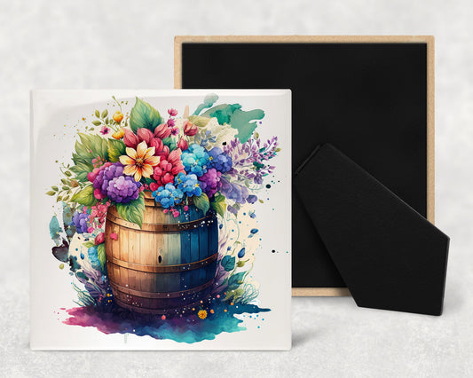 Floral Barrels Art Decorative Ceramic Tile Set with Optional Easel Back - Available in 4 sizes - Set of 4