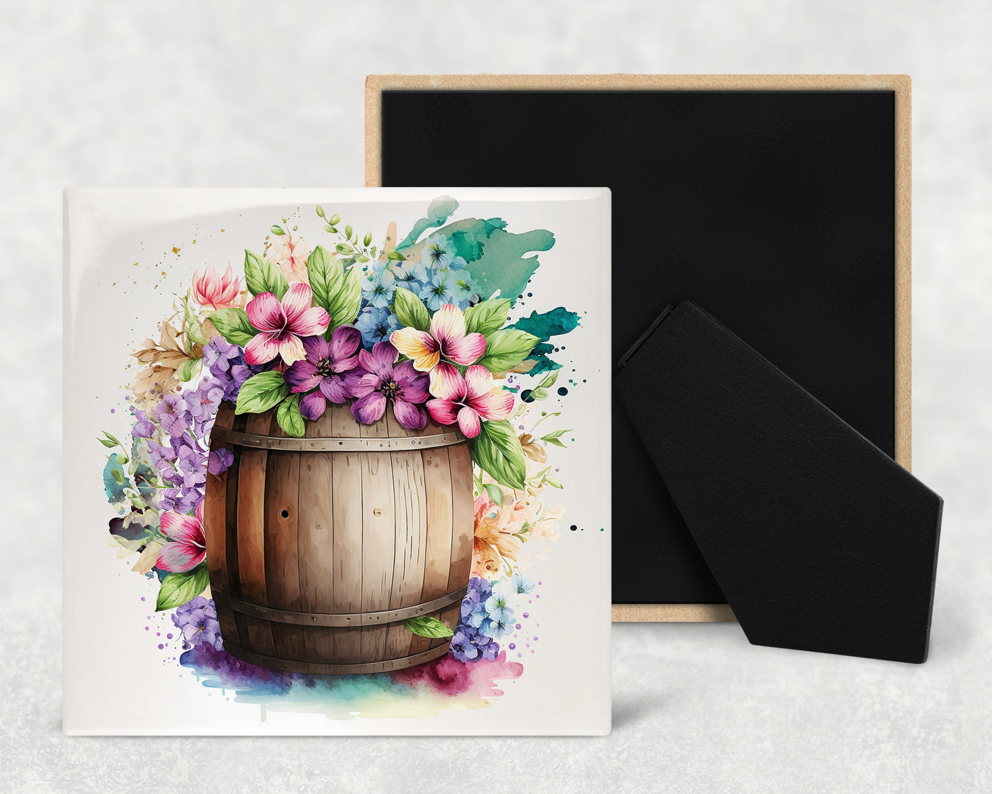 Floral Barrels Art Decorative Ceramic Tile Set with Optional Easel Back - Available in 4 sizes - Set of 4