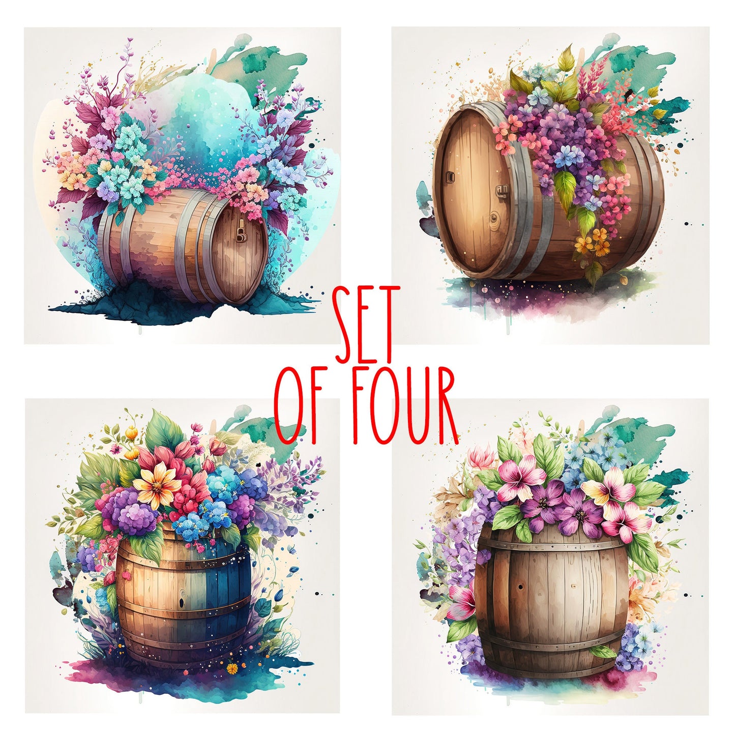 Floral Barrels Art Decorative Ceramic Tile Set with Optional Easel Back - Available in 4 sizes - Set of 4