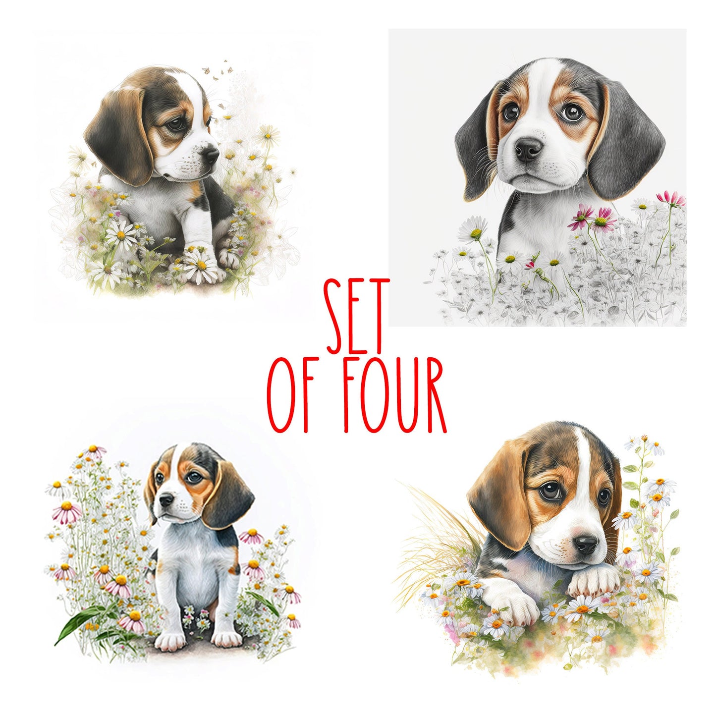 Cute Beagle Puppy Art Decorative Ceramic Tile Set with Optional Easel Back - Available in 4 sizes - Set of 4