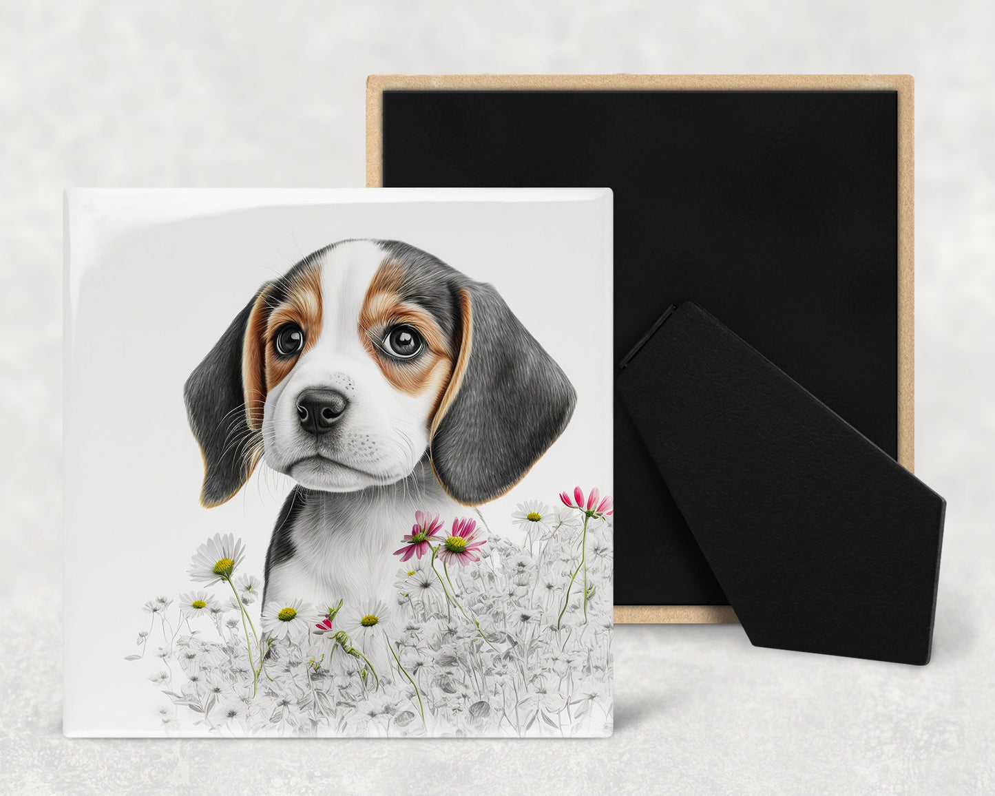 Cute Beagle Puppy Art Decorative Ceramic Tile Set with Optional Easel Back - Available in 4 sizes - Set of 4