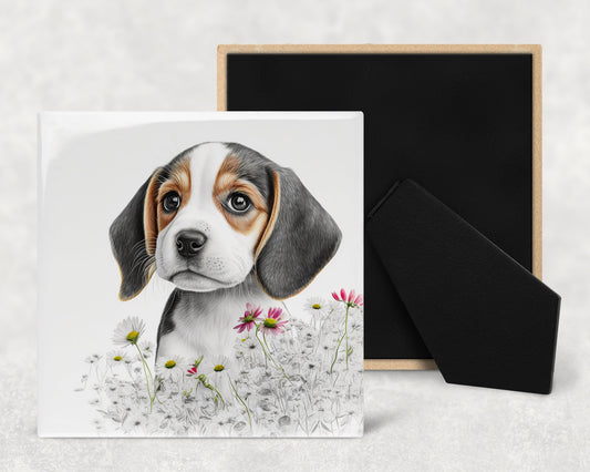 Cute Beagle Puppy Art Decorative Ceramic Tile Set with Optional Easel Back - Available in 4 sizes - Set of 4