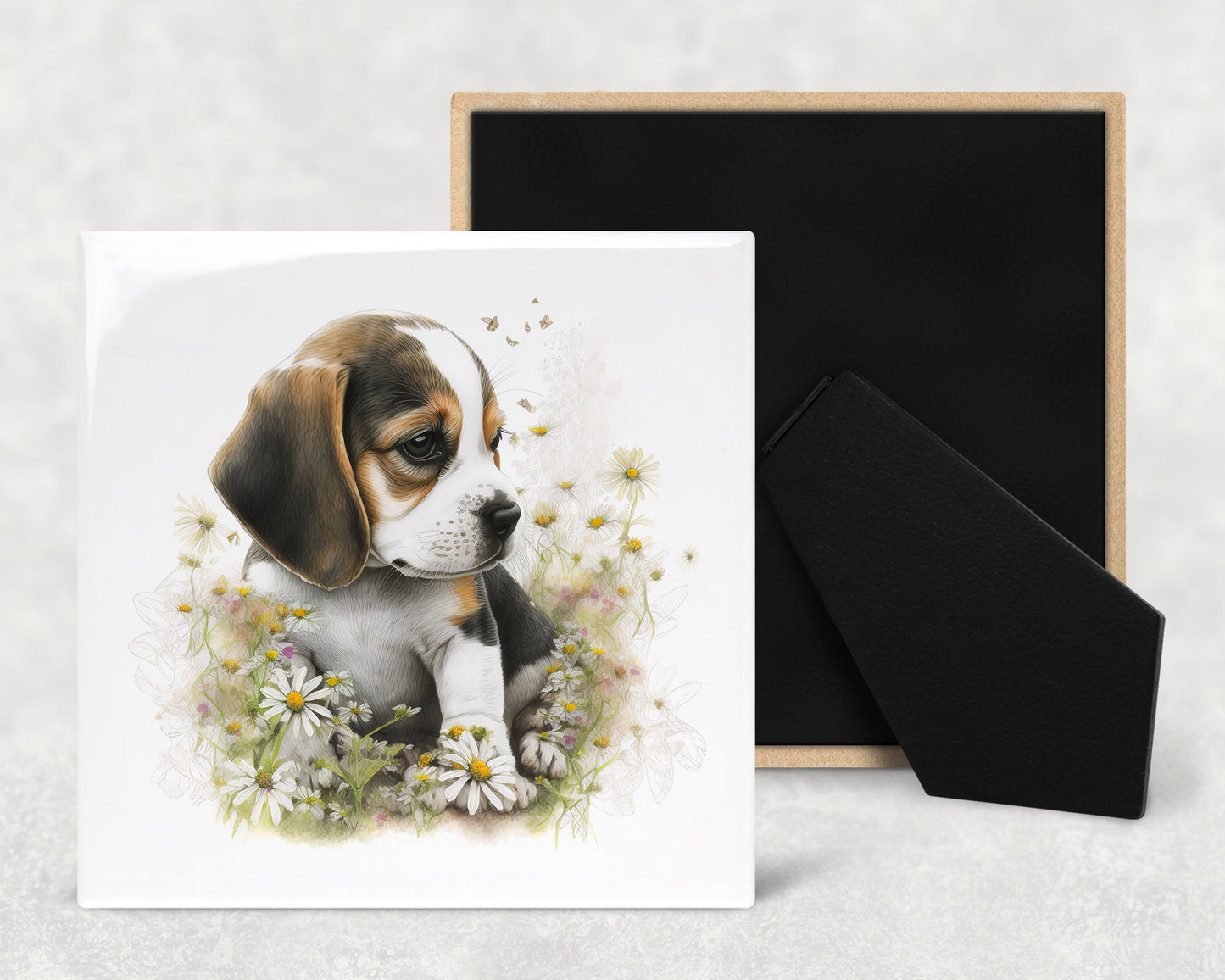 Cute Beagle Puppy Art Decorative Ceramic Tile Set with Optional Easel Back - Available in 4 sizes - Set of 4
