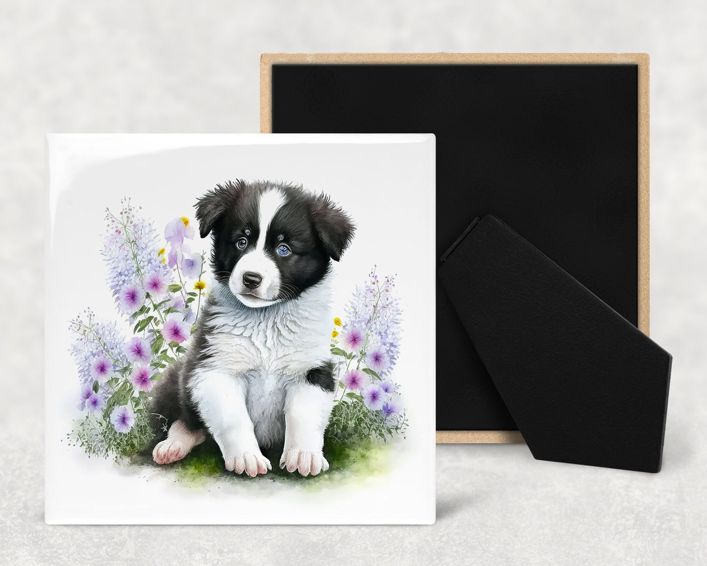 Cute Border Collie Puppy Art Decorative Ceramic Tile Set with Optional Easel Back - Available in 4 sizes - Set of 4
