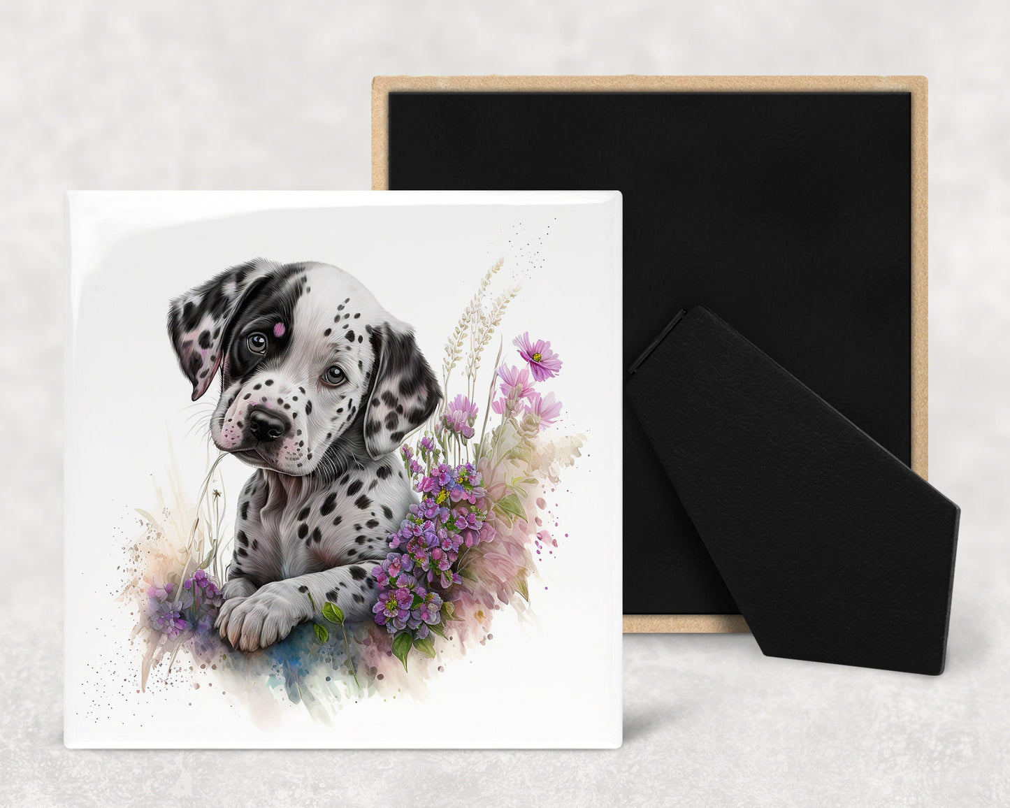 Cute Dalmatian Puppy Art Decorative Ceramic Tile Set with Optional Easel Back - Available in 4 sizes - Set of 4