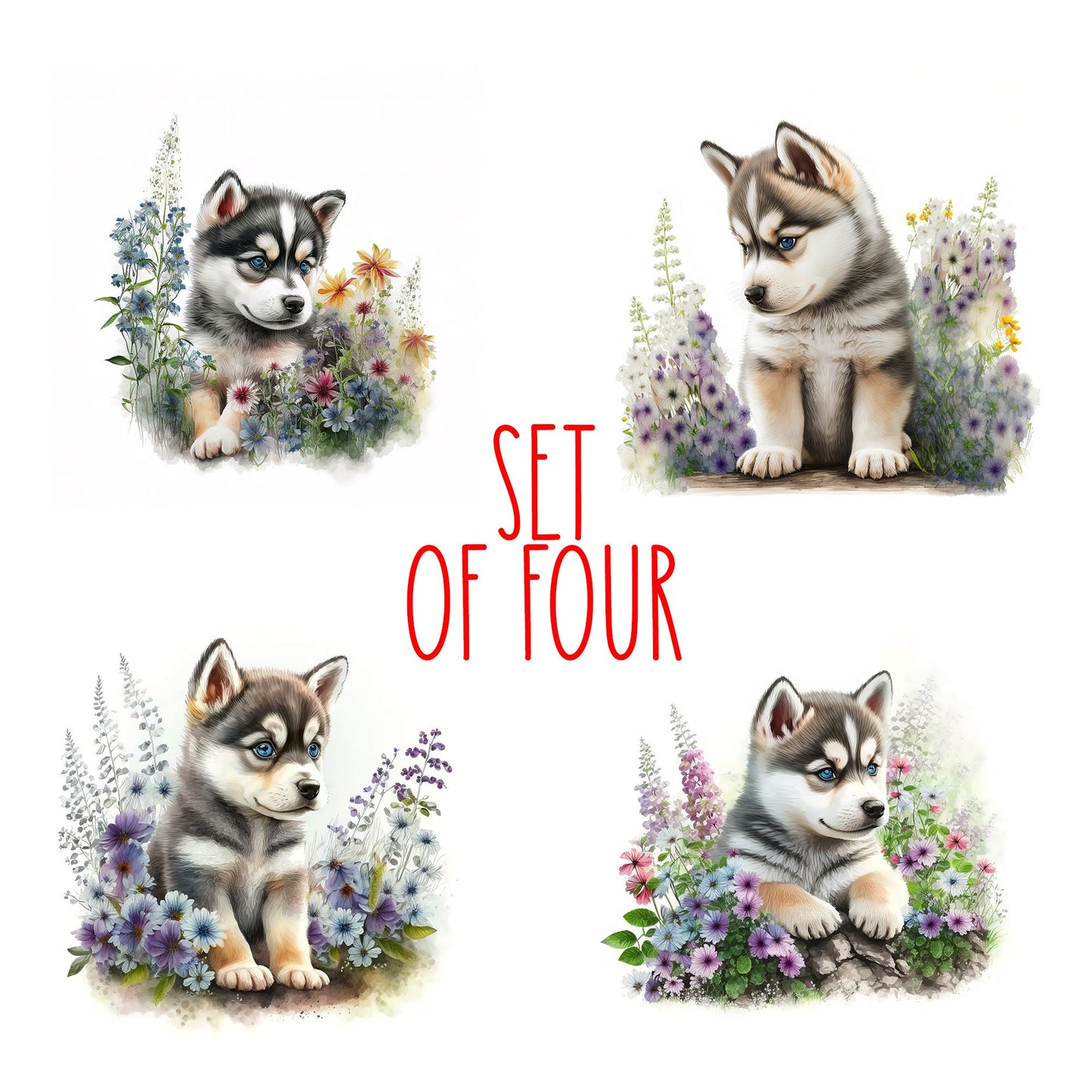 Cute Husky Puppy Art Decorative Ceramic Tile Set with Optional Easel Back - Available in 4 sizes - Set of 4