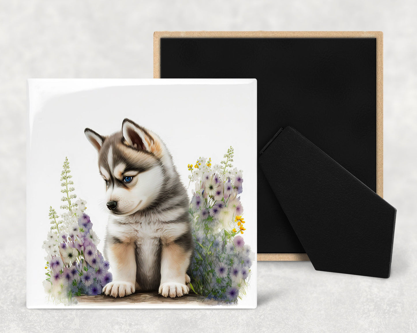 Cute Husky Puppy Art Decorative Ceramic Tile Set with Optional Easel Back - Available in 4 sizes - Set of 4