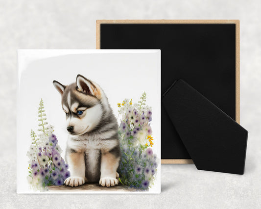 Cute Husky Puppy Art Decorative Ceramic Tile Set with Optional Easel Back - Available in 4 sizes - Set of 4