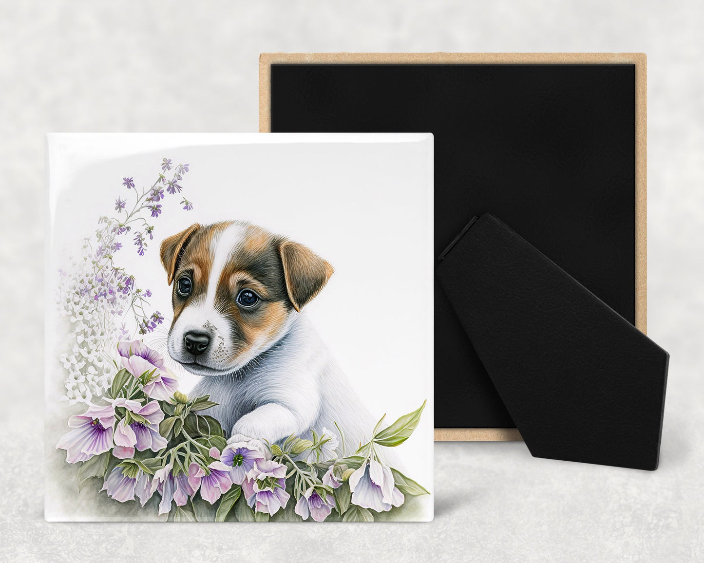 Cute Jack Russell Puppy Art Decorative Ceramic Tile Set with Optional Easel Back - Available in 4 sizes - Set of 4