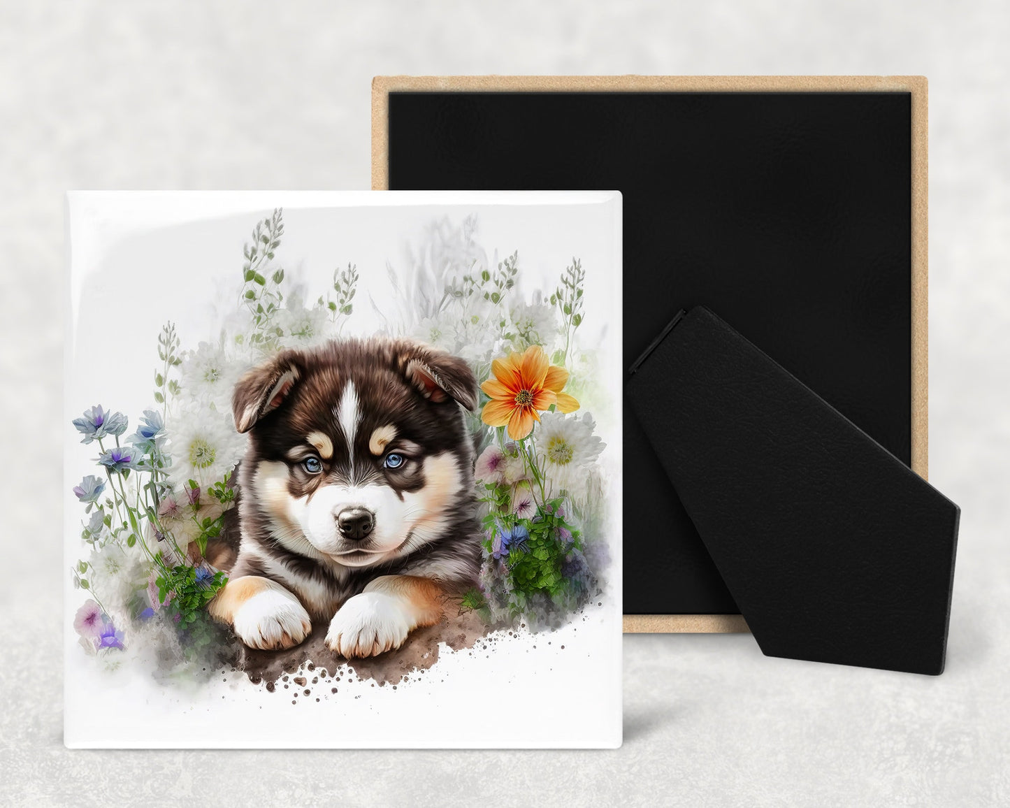 Cute Malamute Puppy Art Decorative Ceramic Tile Set with Optional Easel Back - Available in 4 sizes - Set of 4