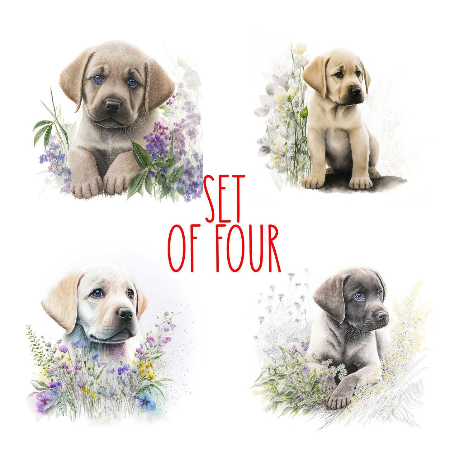 Cute Labrador Puppy Art Decorative Ceramic Tile Set with Optional Easel Back - Available in 4 sizes - Set of 4