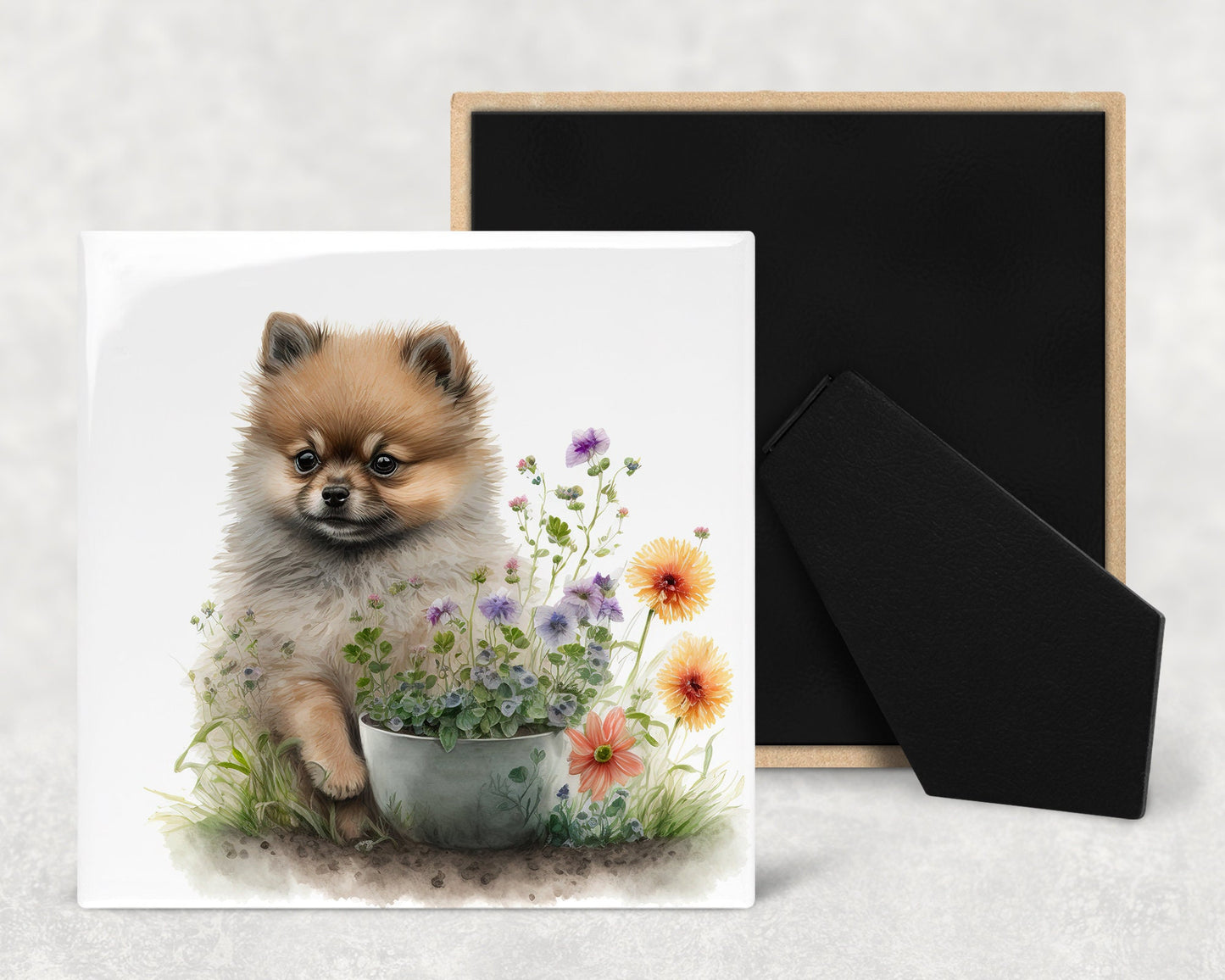 Cute Pomeranian Puppy Art Decorative Ceramic Tile Set with Optional Easel Back - Available in 4 sizes - Set of 4