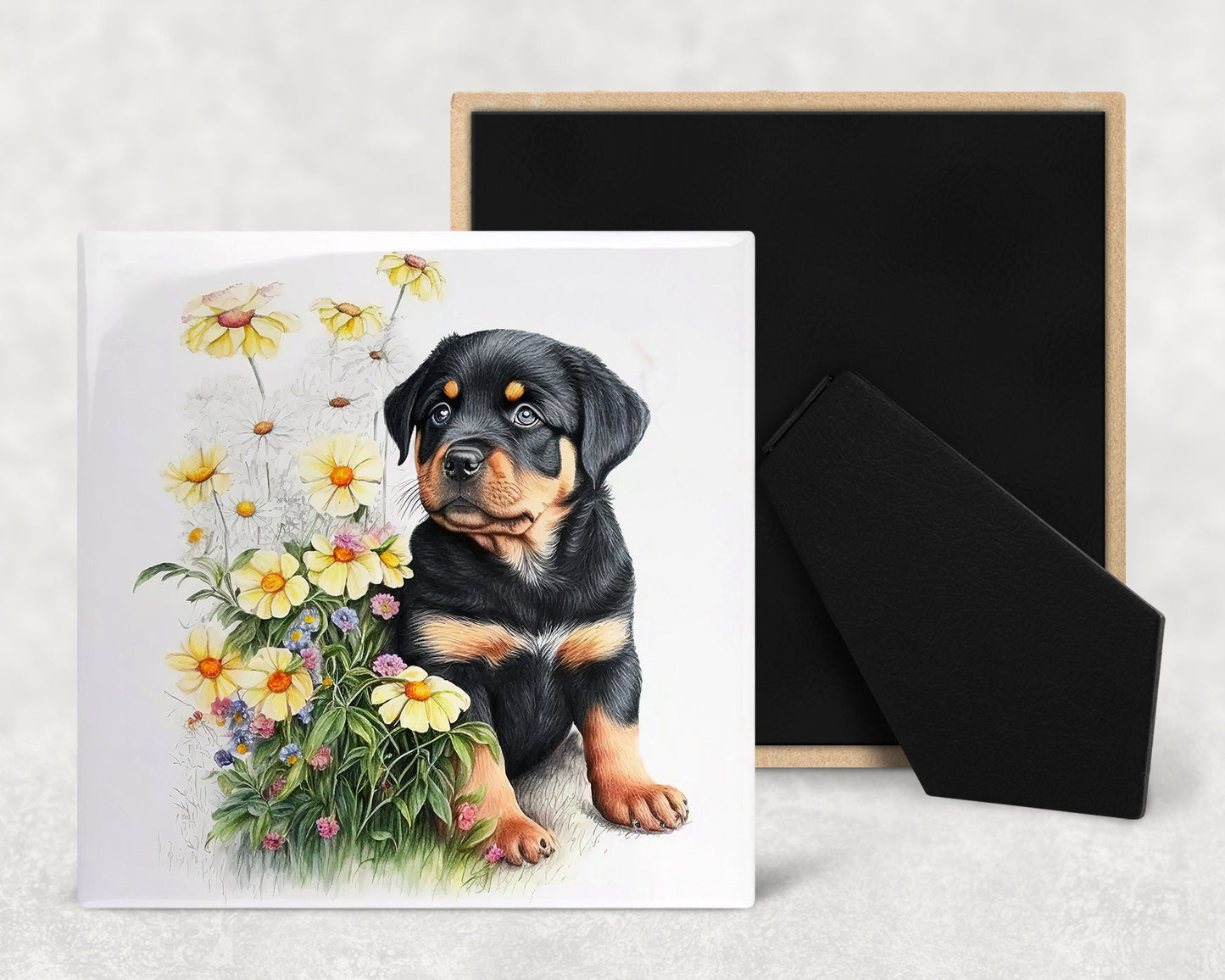 Cute Rottweiler Puppy Art Decorative Ceramic Tile Set with Optional Easel Back - Available in 4 sizes - Set of 4