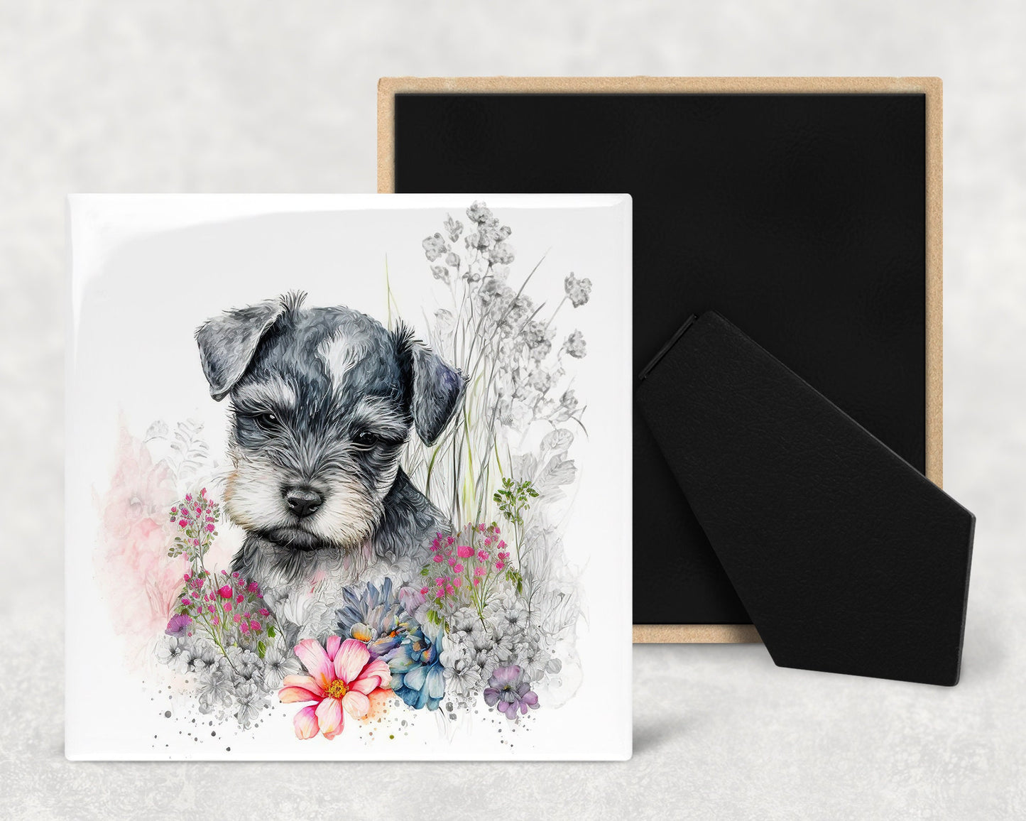 Cute Schnauzer Puppy Art Decorative Ceramic Tile Set with Optional Easel Back - Available in 4 sizes - Set of 4