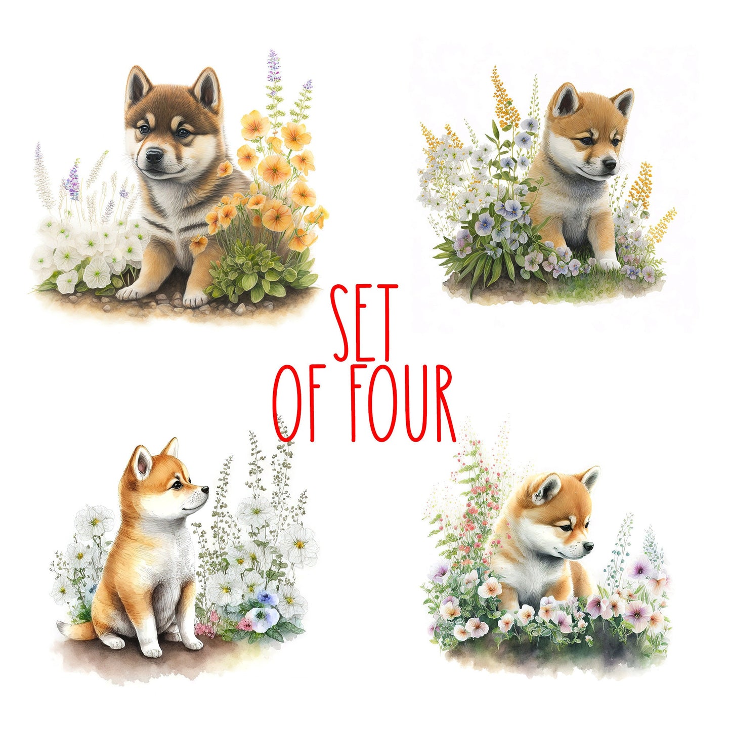 Cute Shiba Inu Puppy Art Decorative Ceramic Tile Set with Optional Easel Back - Available in 4 sizes - Set of 4
