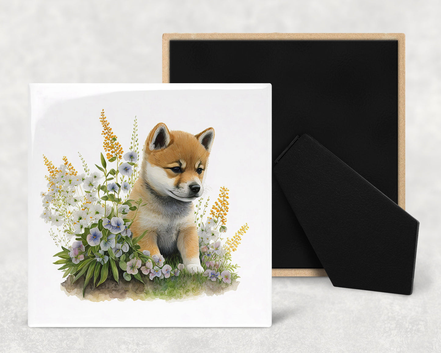 Cute Shiba Inu Puppy Art Decorative Ceramic Tile Set with Optional Easel Back - Available in 4 sizes - Set of 4