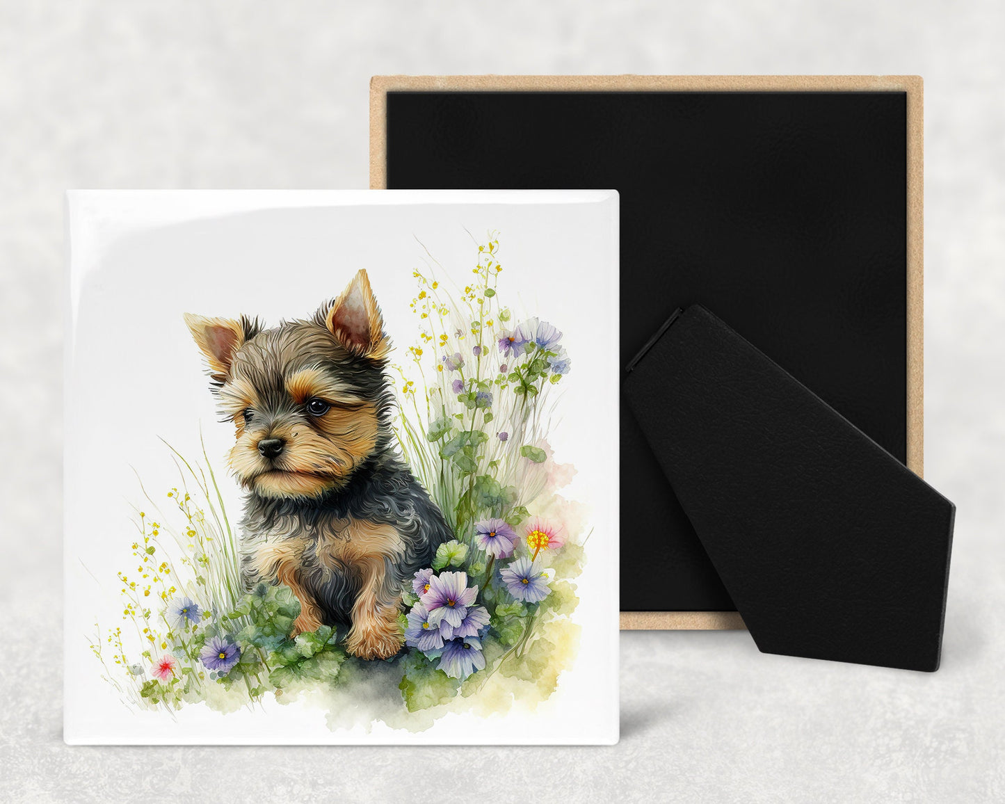 Cute Yorkie Puppy Art Decorative Ceramic Tile Set with Optional Easel Back - Available in 4 sizes - Set of 4