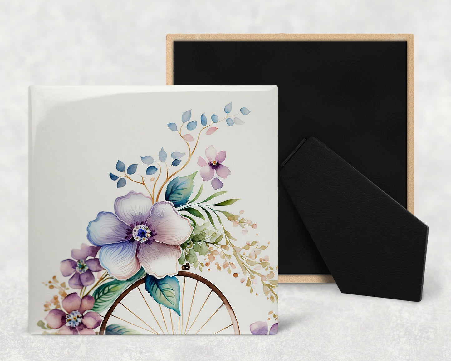 Floral Bicycles Art Decorative Ceramic Tile Set with Optional Easel Back - Available in 4 sizes - Set of 4