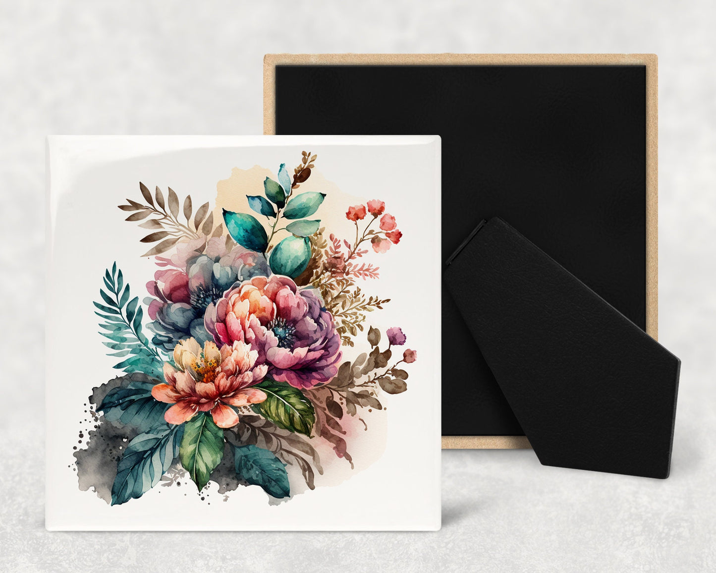 Boho Flowers Art Decorative Ceramic Tile Set with Optional Easel Back - Available in 4 sizes - Set of 4