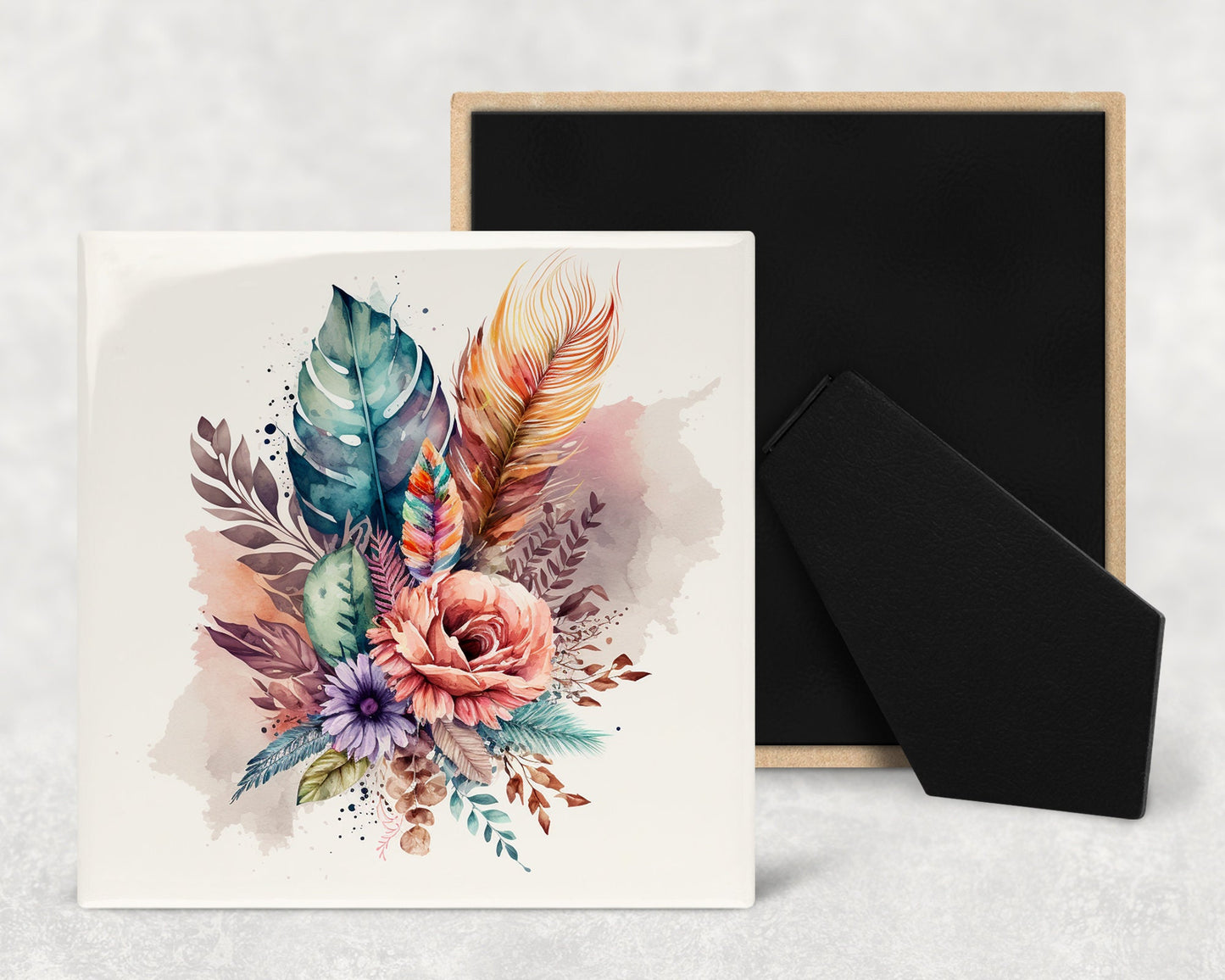 Boho Flowers Art Decorative Ceramic Tile Set with Optional Easel Back - Available in 4 sizes - Set of 4