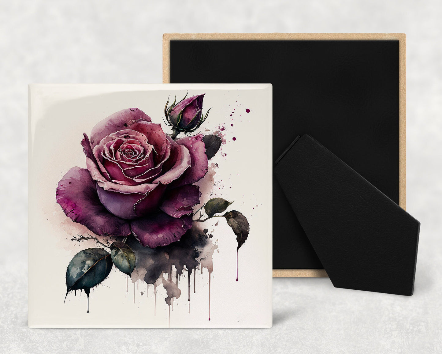 Single Rose Art Decorative Ceramic Tile Set with Optional Easel Back - Available in 4 sizes - Set of 4