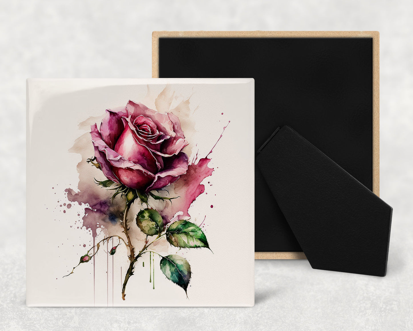 Single Rose Art Decorative Ceramic Tile Set with Optional Easel Back - Available in 4 sizes - Set of 4