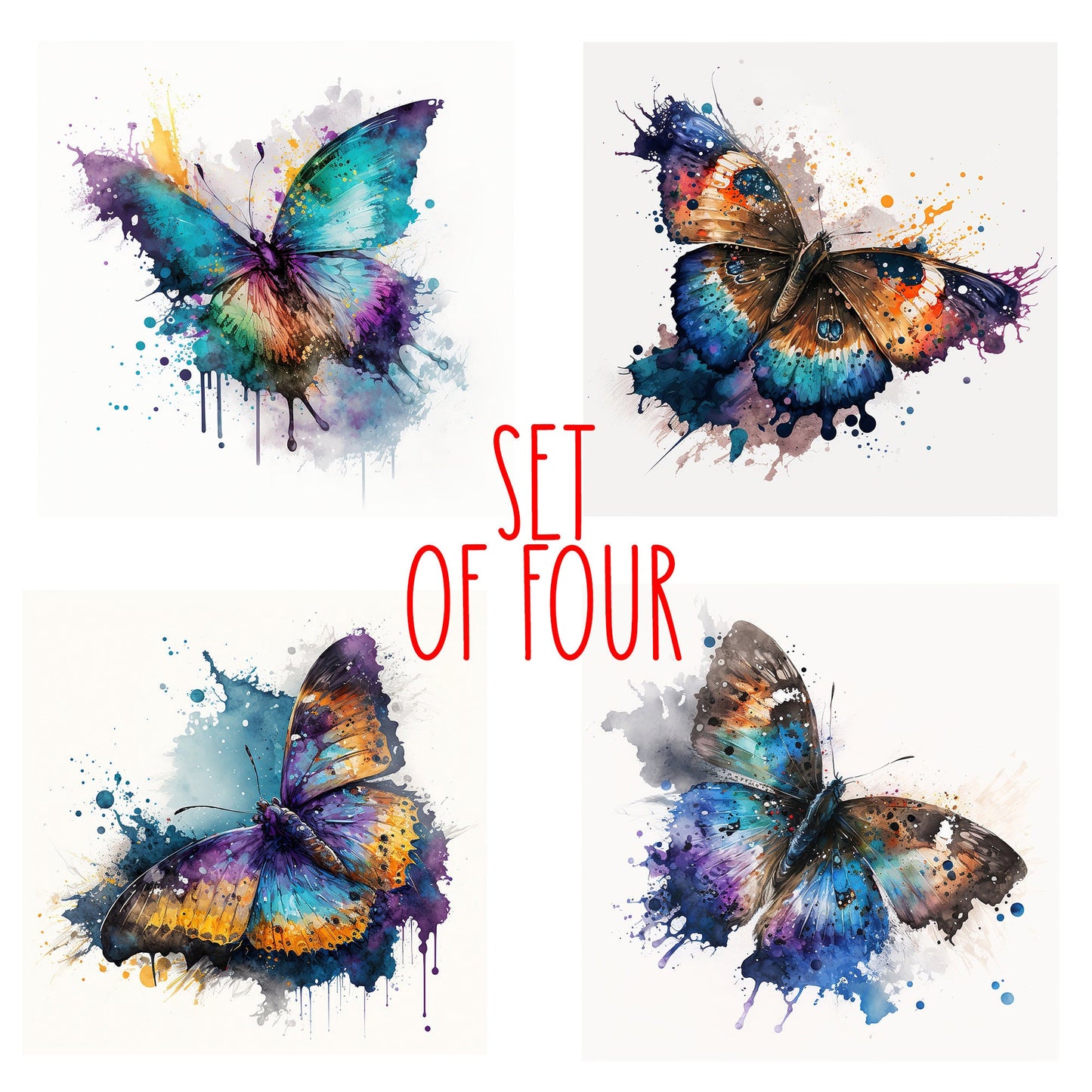Splatter Butterfly Art Decorative Ceramic Tile Set with Optional Easel Back - Available in 4 sizes - Set of 4